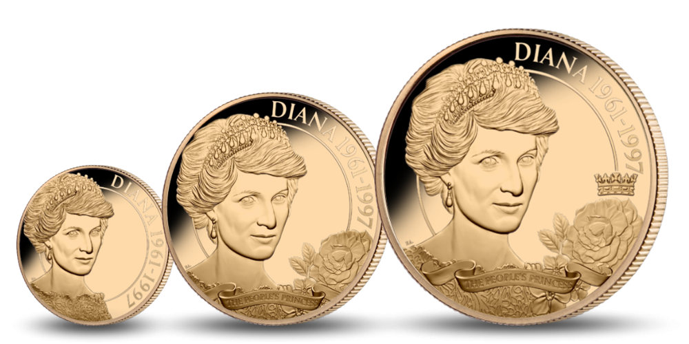 Diana, princezná ľudských sŕdc - sada troch mincí z rýdzeho zlata Diana, princezná ľudských sŕdc - sada troch mincí z rýdzeho zlata