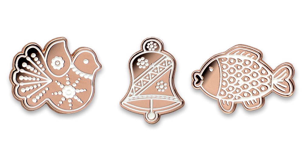 Sada troch vianočných brošní - zvonček, holubička, kapor