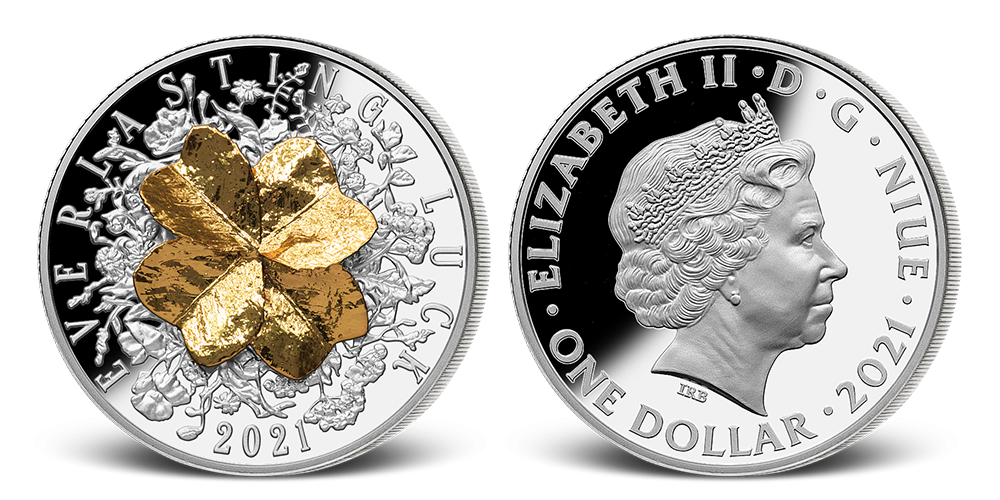 Strieborá minca s pravým štvorlístkom zušľachteným rýdzim zlatom