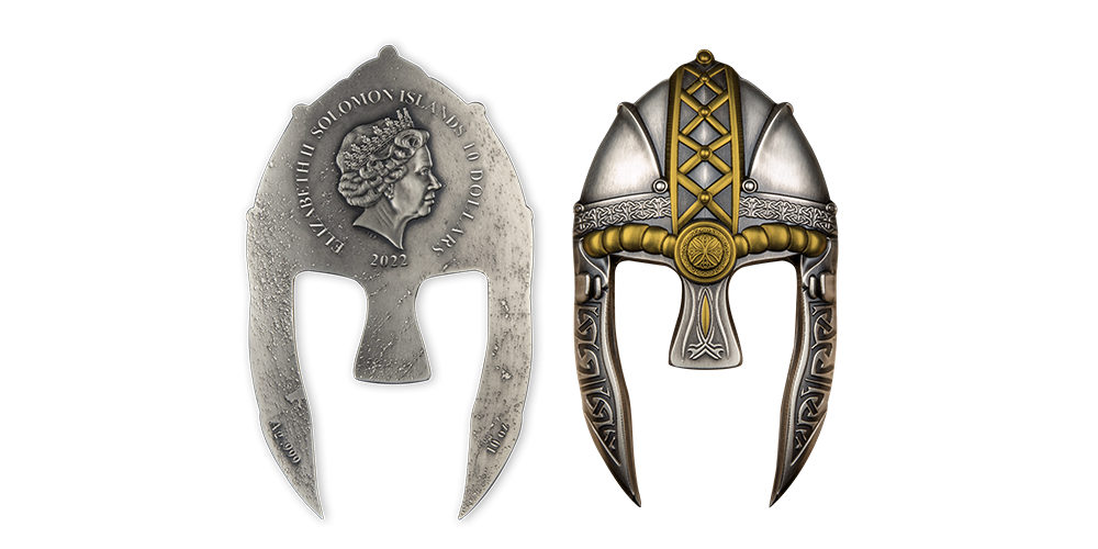 Strieborná minca v tvare vikingskej helmy