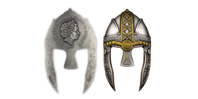 Strieborná minca v tvare vikingskej helmy 
