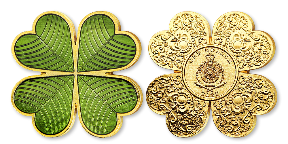 Kolorovaná minca v tvare štvorlístka zušľachtená zlatom