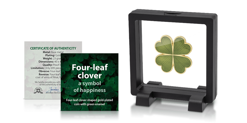 Kolorovaná minca v tvare štvorlístka zušľachtená zlatom