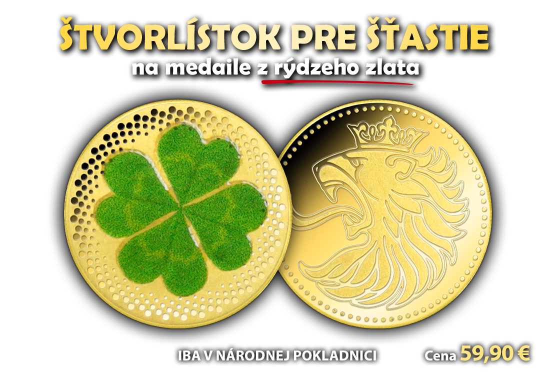 Štvorlístok pre šťastie na medaile z rýdzeho zlata