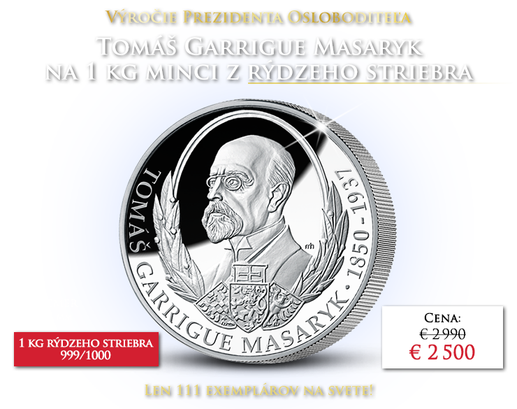 Tomáš Garrigue Masaryk na oficiálnej minci z 1 kg striebra 