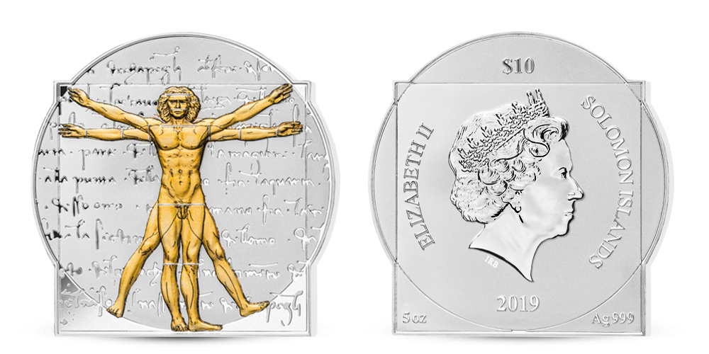 Vitruvianský muž na kresbe Leonarda da Vinciho v 5 unciach rýdzeho striebra Vitruvianský muž na kresbe Leonarda da Vinciho v 5 unciach rýdzeho striebra