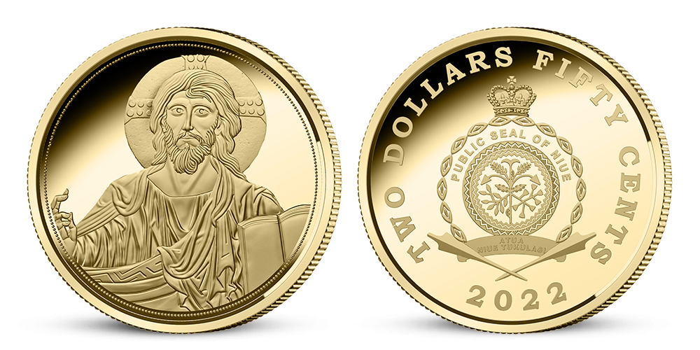 Ježiš Kristus ako Pantokrator na minci z rydzeho zlata 999/1000