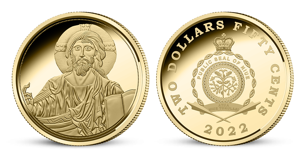 Ježiš Kristus ako Pantokrator na minci z rydzeho zlata 999/1000 Ježiš Kristus ako Pantokrator na minci z rydzeho zlata 999/1000