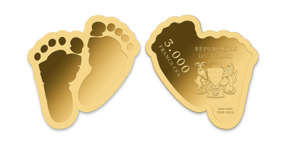 Minca z rýdzeho zlata 999/1000 v tvare detských nožičiek