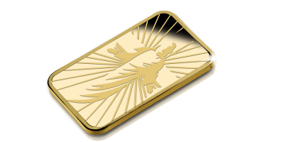 Zlatá minca v tvare tehličky vyobrazujúca Ježiša Krista