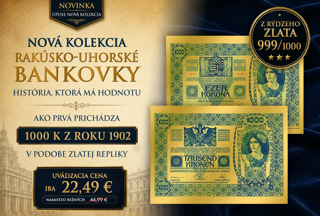 Zlat&aacute; replika sl&aacute;vnej bankovky 1000 K z roku 1902 z r&yacute;dzeho zlata 999/1000