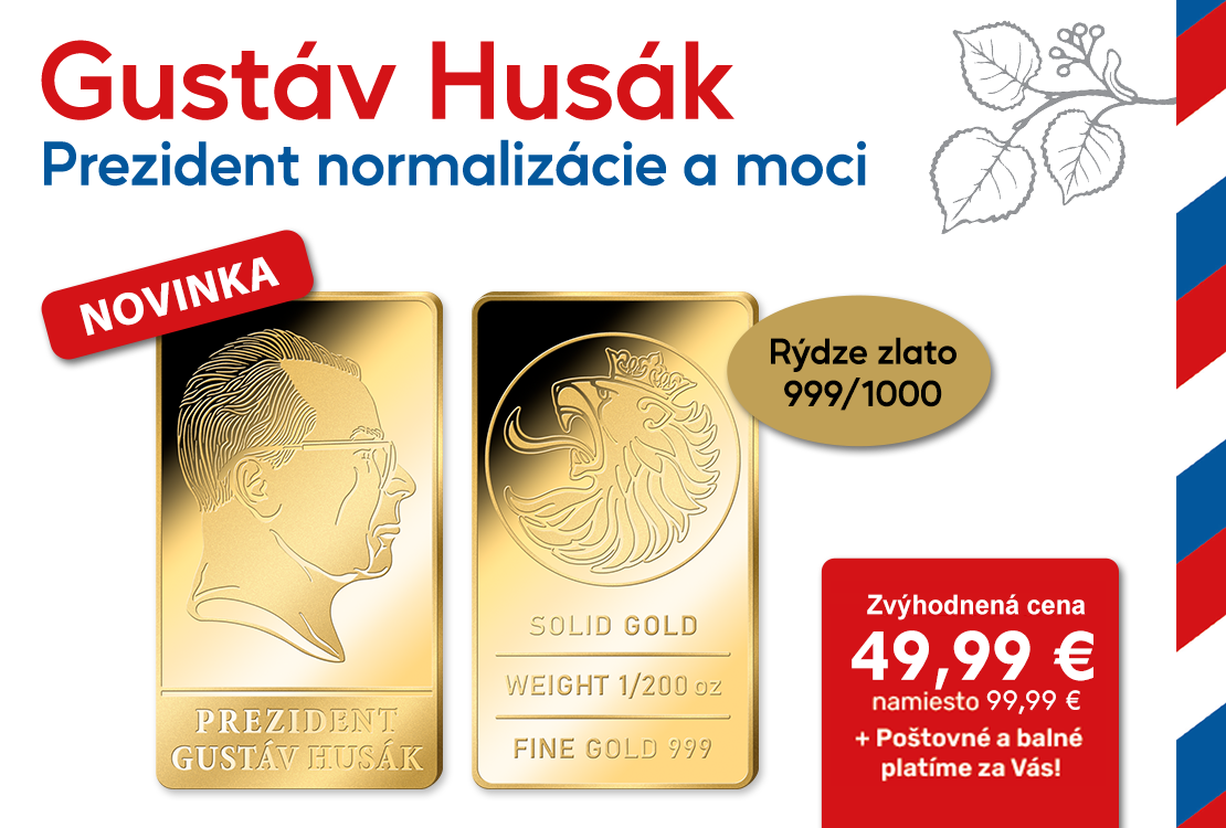 Gust&aacute;v Hus&aacute;k na tehličke z r&yacute;dzeho zlata 999/1000
