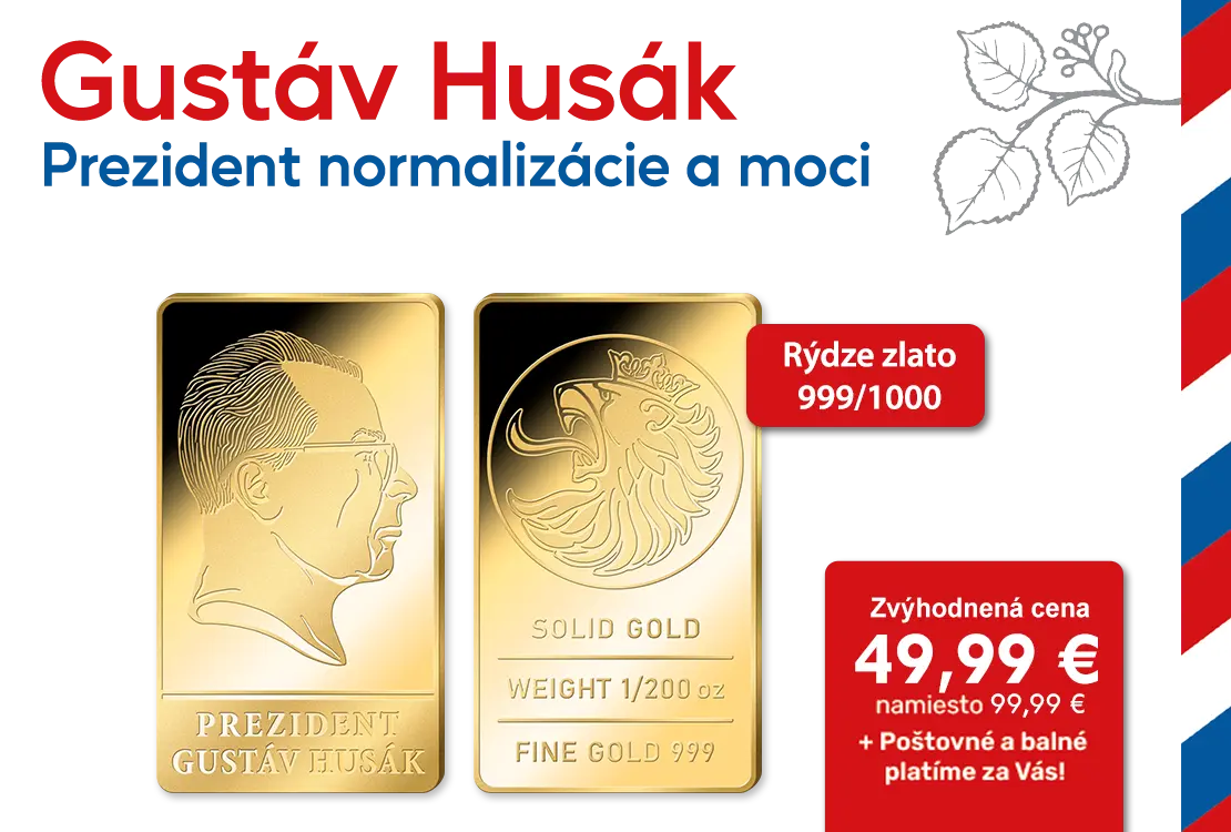 Gust&aacute;v Hus&aacute;k na tehličke z r&yacute;dzeho zlata 999/1000