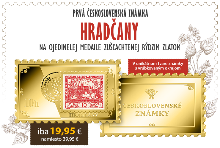 Známka Hradčany na medaile zušľachtenej rýdzim zlatom