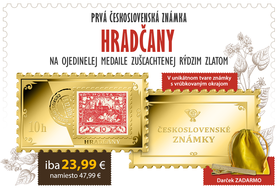 Známka Hradčany na medaile zušľachtenej rýdzim zlatom